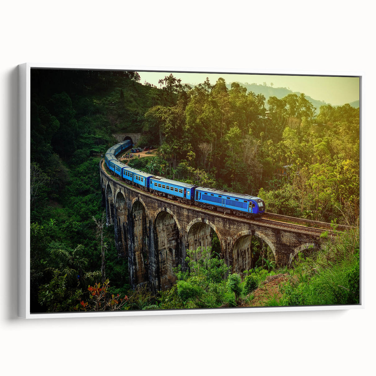 Vintage poster art of a Sri Lankan landscape on framed canvas, featuring vibrant colors, ideal for living room decor.