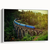 Vintage poster art of a Sri Lankan landscape on framed canvas, featuring vibrant colors, ideal for living room decor.