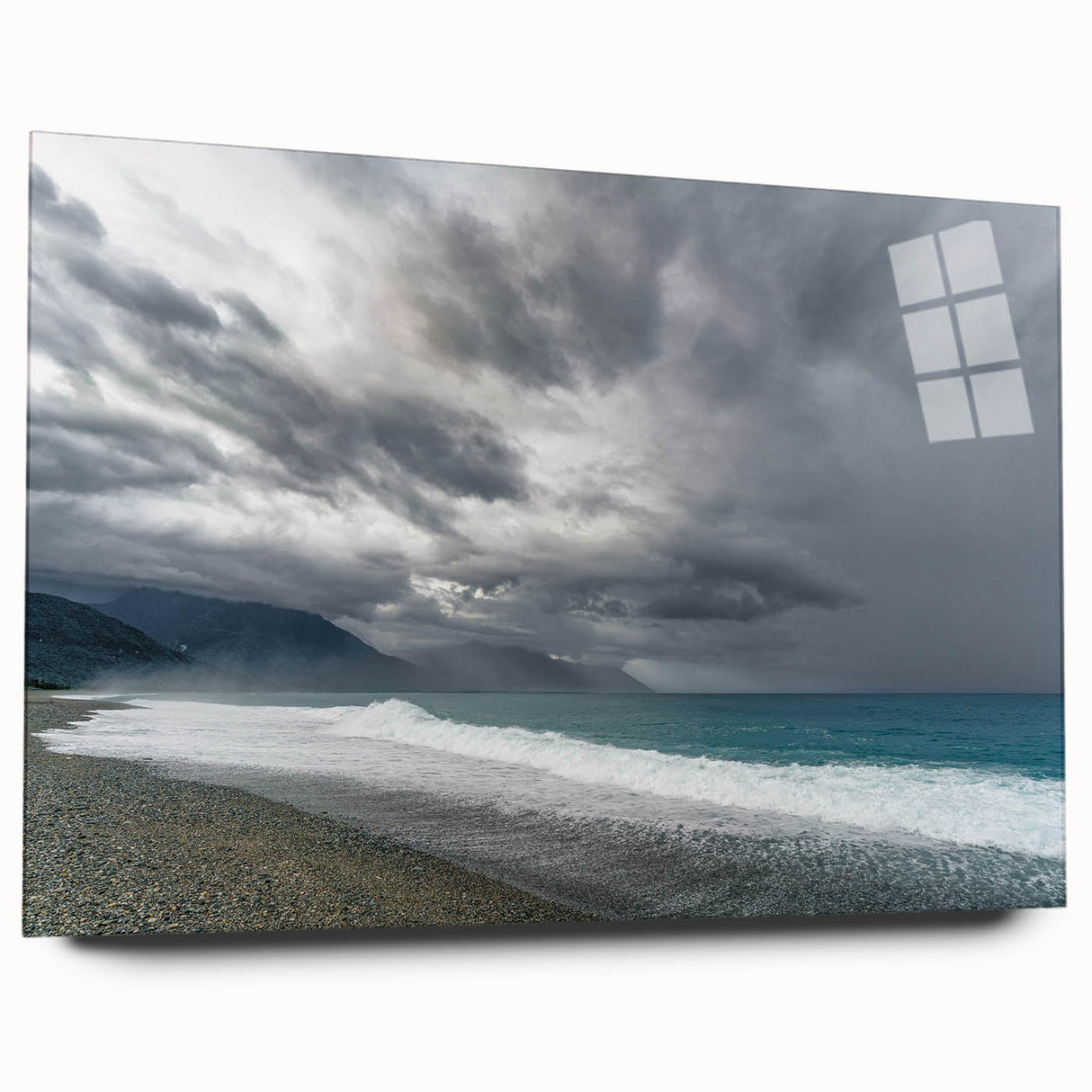 Large abstract wall art depicting a serene Taiwan landscape in muted green and blue tones on acrylic glass.