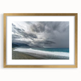 Extra large abstract art print of a textured Taiwanese landscape in muted earth tones, framed in gold.