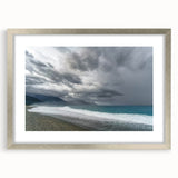 Textured abstract art print of a Taiwan landscape in muted earth tones on a framed silver mat, ideal for bedroom art.