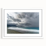 Abstract art print of a serene Taiwanese landscape in muted greens and blues on a framed white mat.