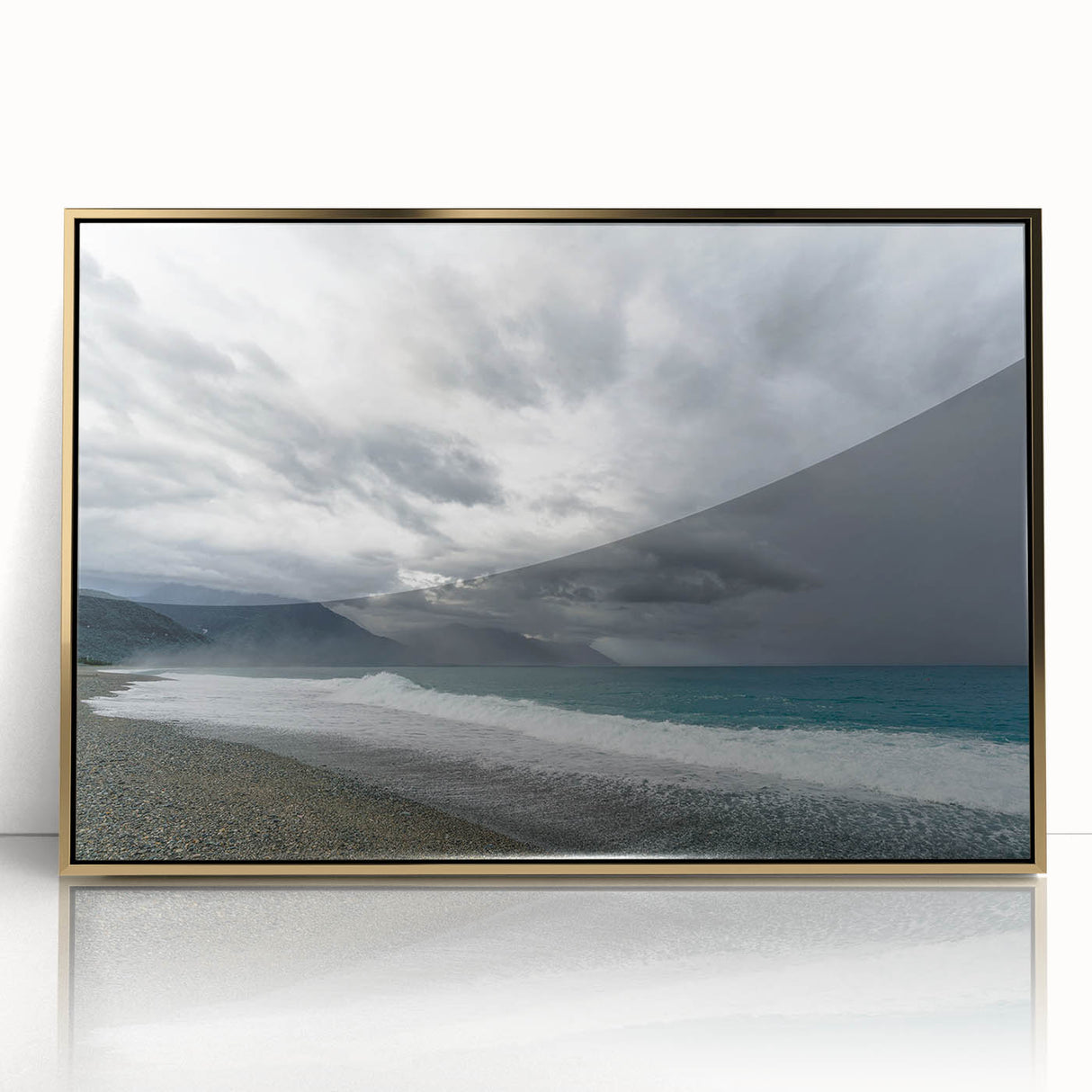 Framed acrylic print of a serene Taiwanese landscape in muted green and gold tones, ideal for modern art wall decor.