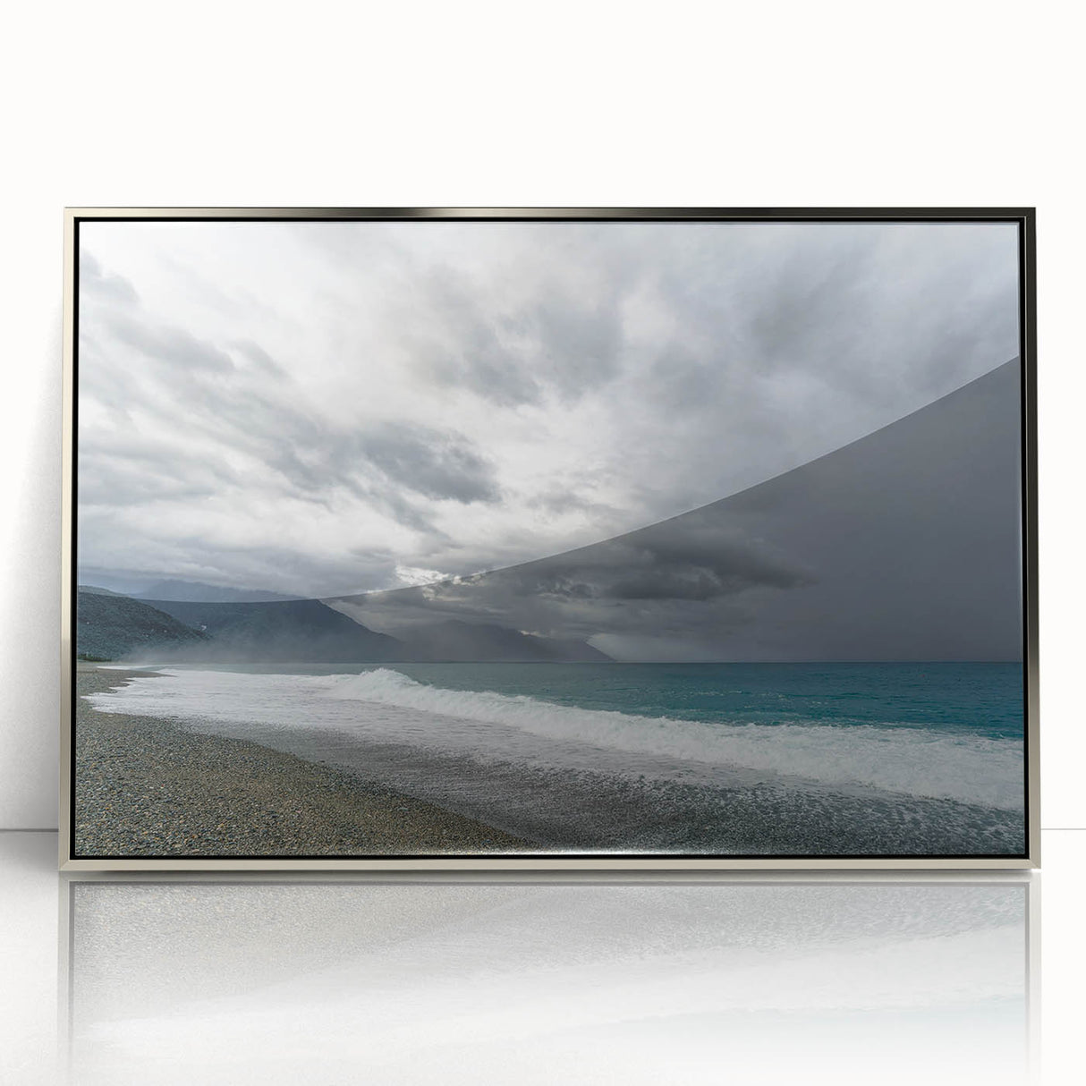 Mid-century modernist art depicting a serene Taiwan landscape in muted earth tones, framed acrylic.