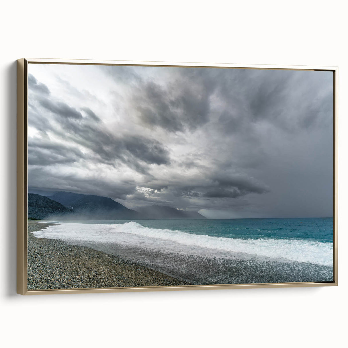 Vintage poster art of a Taiwanese landscape on framed canvas, featuring muted gold and black tones, ideal for bedroom decor.