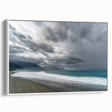 Vintage poster art of a scenic Taiwanese landscape on framed canvas, featuring colorful art in extra large format.