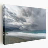 Large stretched canvas depicting a serene Taiwan landscape in subtle green and blue tones, suitable for kitchen wall art.