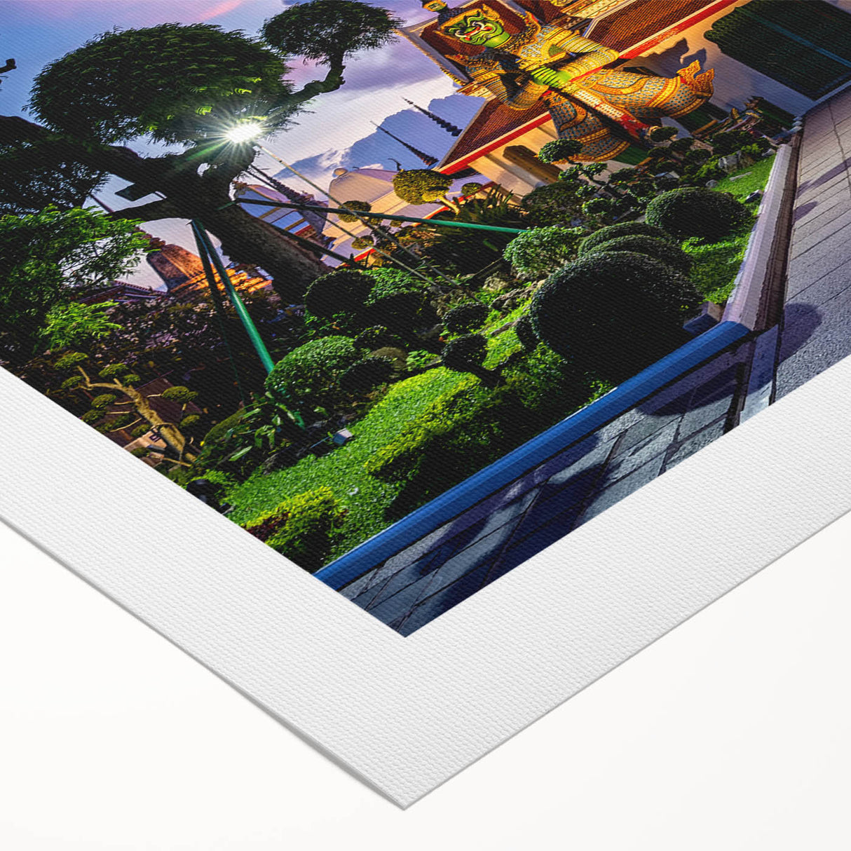 Art deco poster of Bangkok skyline in muted gold and navy tones on rolled canvas, suitable for dining room wall art.