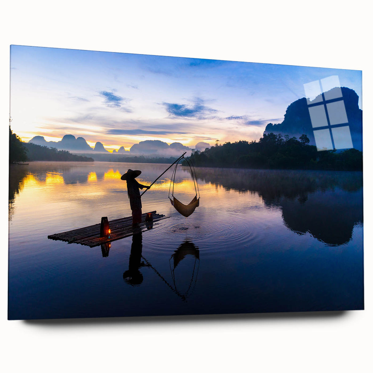 Large abstract wall art of a serene Thai landscape in muted green and blue tones on acrylic glass.
