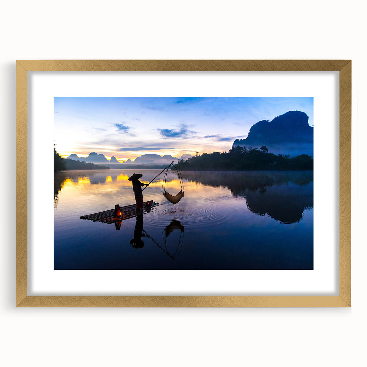 Extra large abstract art print of a textured Thai landscape in muted gold and earth tones, framed with mat.
