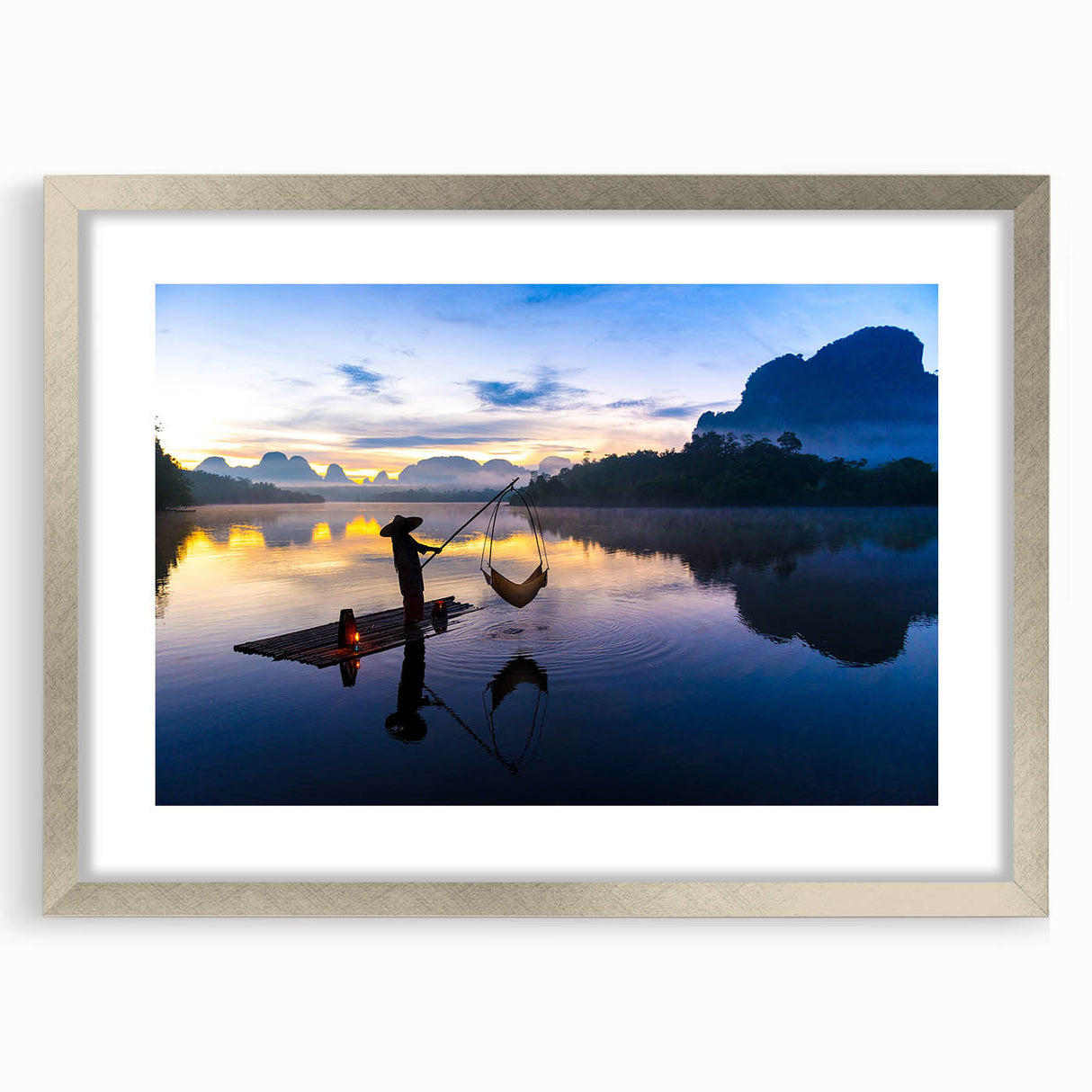 Textured abstract art print depicting a serene Thai landscape in muted earth tones, framed in silver.