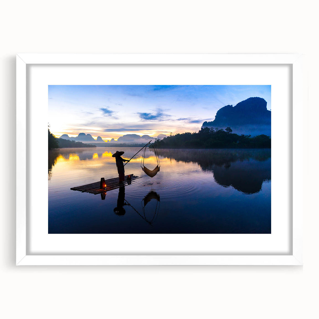 Abstract art print of a serene Thai landscape in muted earth tones on a framed white canvas.