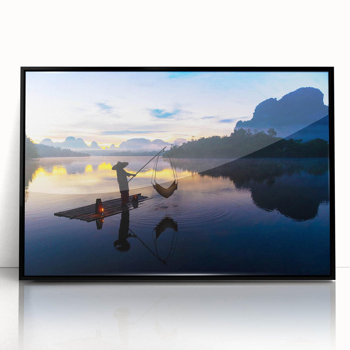 Large abstract wall art depicting a muted color palette Thai landscape, framed in black acrylic.