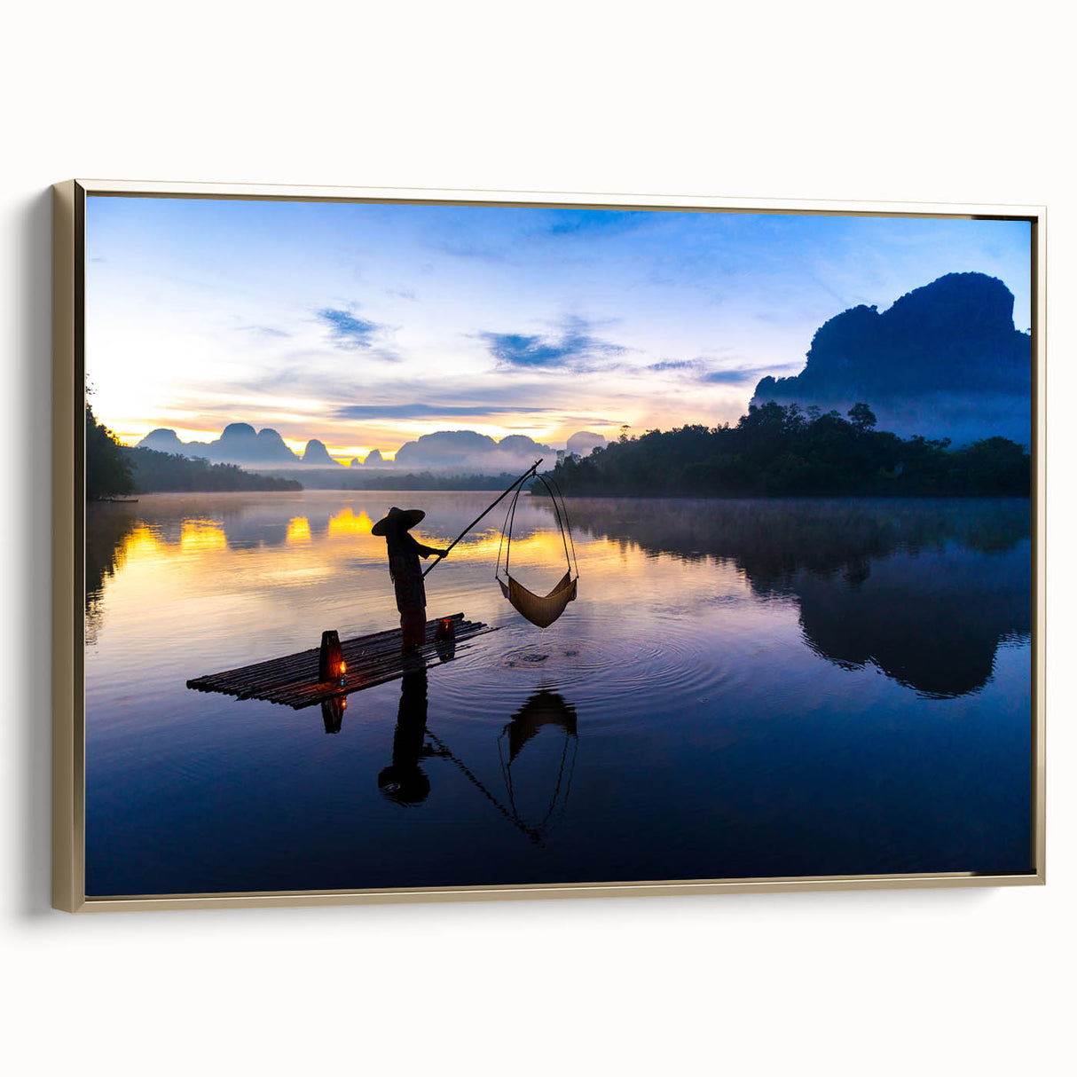Framed canvas featuring a vintage-style landscape painting of a Thai scenery in muted gold and black tones.