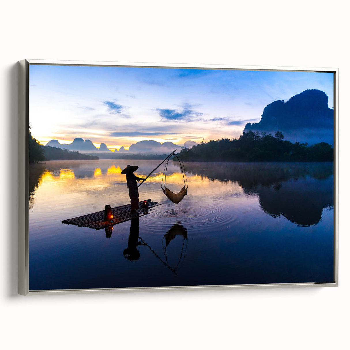 Framed canvas featuring a vintage-style landscape painting of a Thai scenery in vibrant colors.