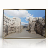 Large art print of a Turkish landscape in mid-century modernist style, featuring muted earth tones on framed acrylic.