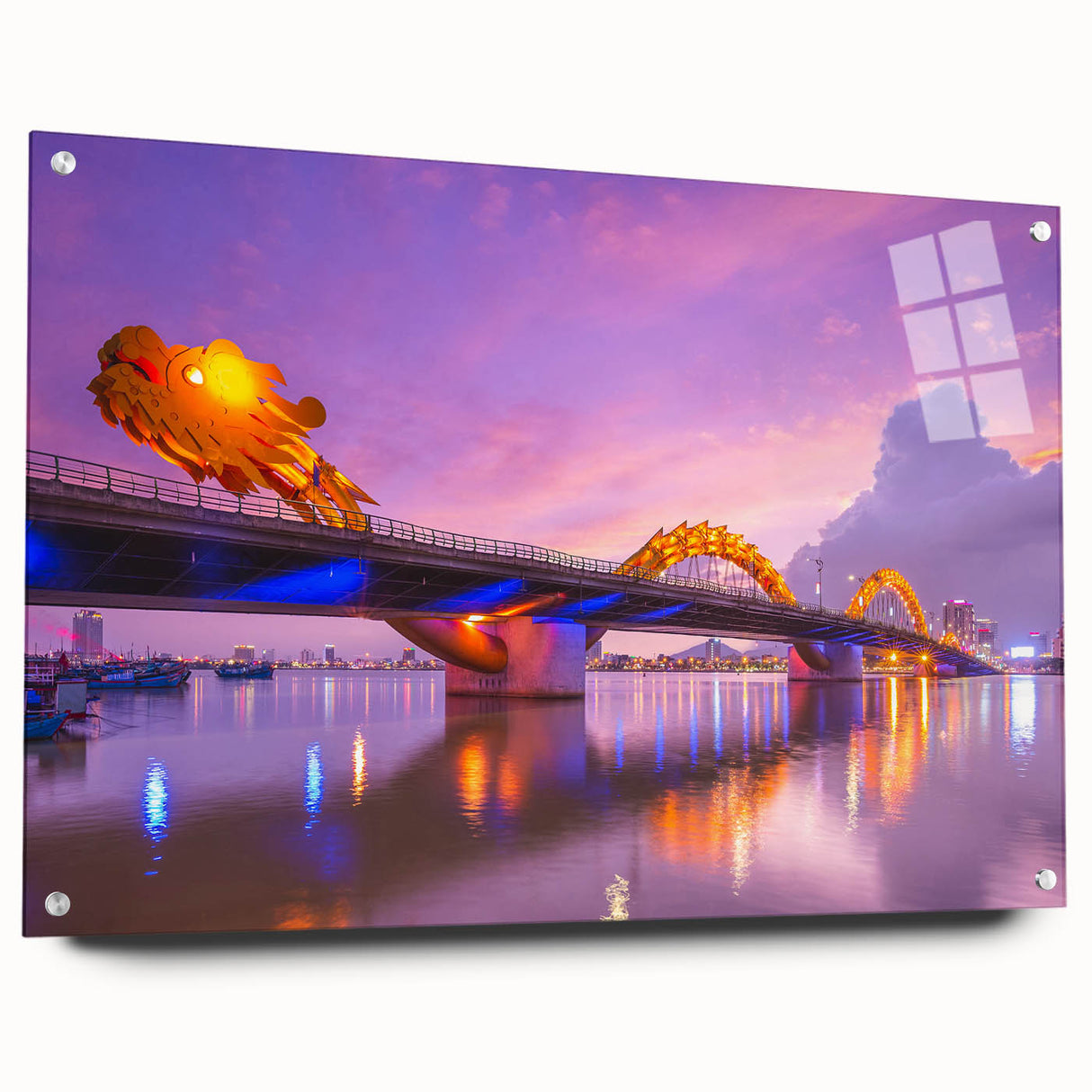 Large abstract wall art depicting a Vietnamese landscape in muted green and blue tones on acrylic glass.