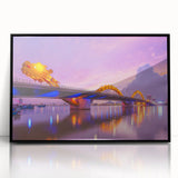 Large abstract wall art depicting a serene Vietnamese landscape in muted green and blue tones, framed in black acrylic.