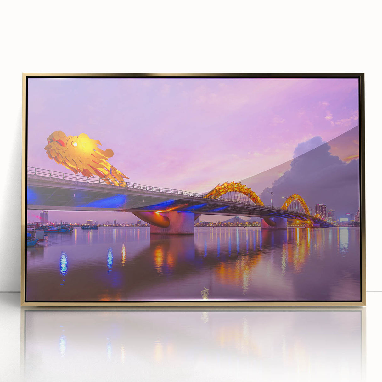 Large art print of a Vietnamese landscape in gold and green hues, acrylic framed, mid-century modernist style.