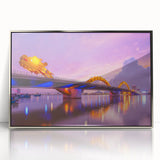 Mid-century modernist art depicting a serene Vietnamese landscape in muted greens and blues, framed in silver acrylic.