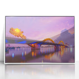 Acrylic print of a serene Vietnamese landscape in soft green and blue tones, framed in white.