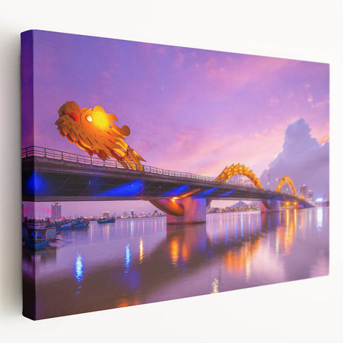 Large stretched canvas depicting a serene Vietnamese landscape in muted green and blue tones, suitable for kitchen wall art.
