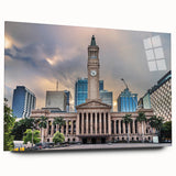 Large abstract wall art depicting the Brisbane skyline in muted blue and green tones on acrylic glass.