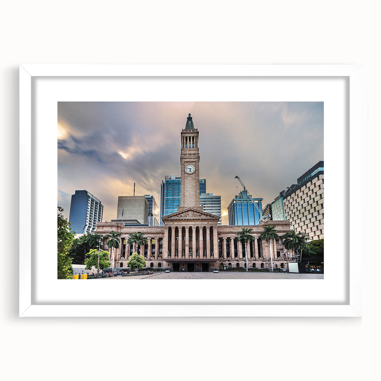 Extra large abstract art print of Brisbane scenery in textured style, using muted earth tones on a framed white mat.