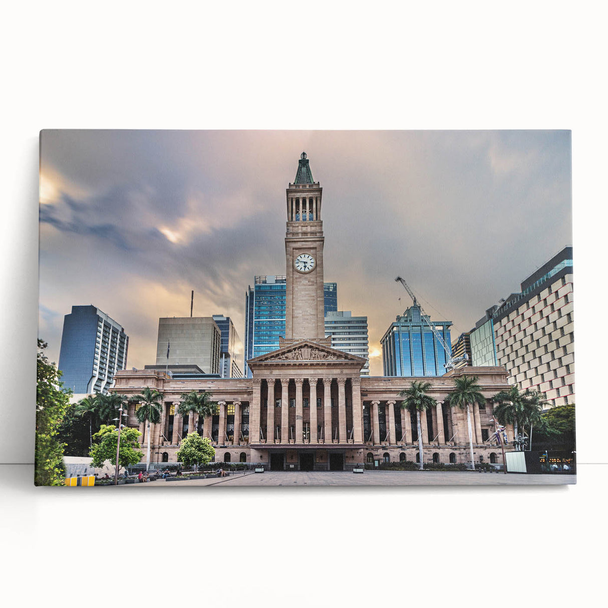 Black and white stretched canvas of Brisbane skyline, ideal for kitchen wall art or bedroom ambiance.