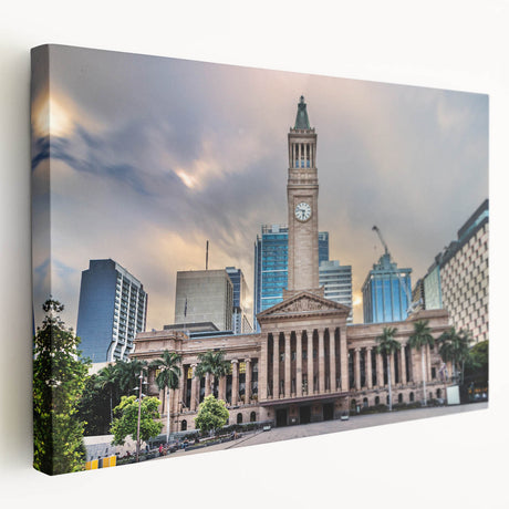 Side view of a stretched canvas depicting the Brisbane skyline in muted gray and blue tones, suitable for kitchen wall art.