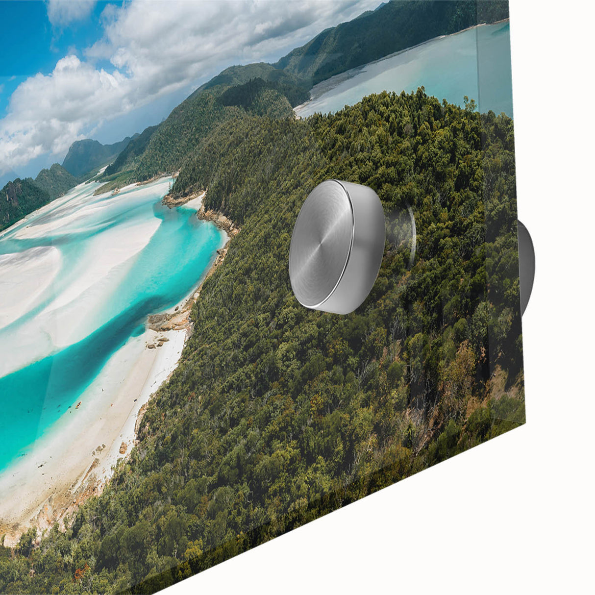 Abstract depiction of the Great Barrier Reef in vibrant blue and green tones on an acrylic print.