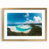 Textured art print of the Great Barrier Reef in abstract style, featuring blue and green hues, framed in gold.