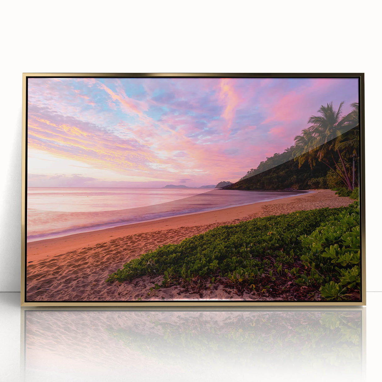 Art deco poster of Queensland scenery in gold tones on acrylic, ideal for modern art wall decor.