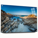 Acrylic print of a serene Tasmanian landscape in muted green and blue tones, suitable for bedroom or dining room decor.