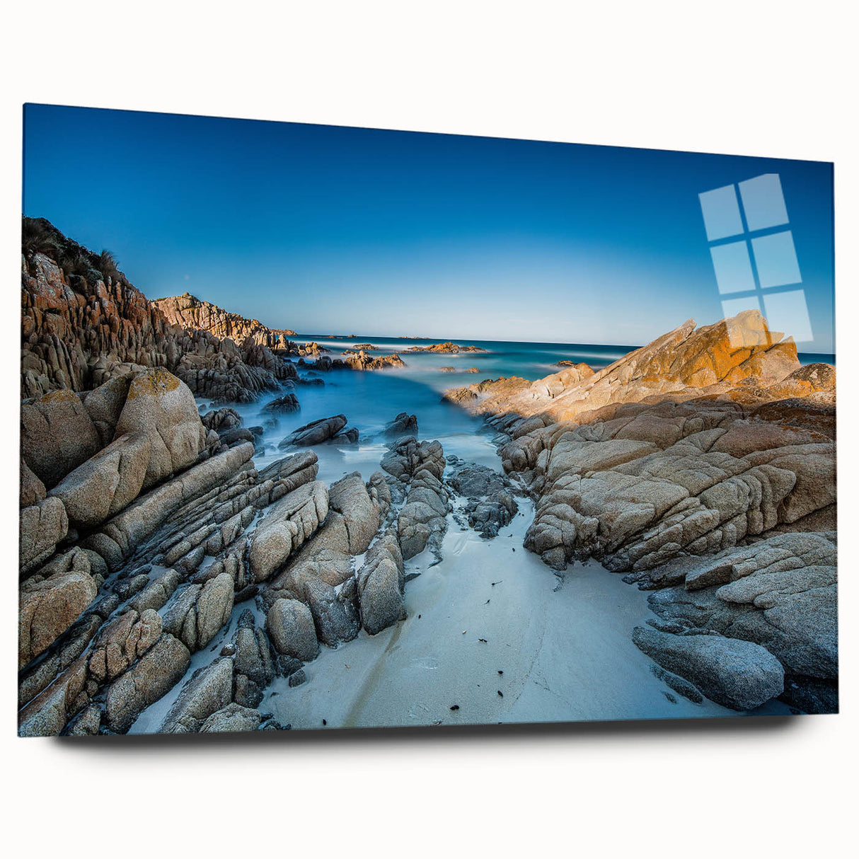 Large abstract wall art depicting the Tasmanian landscape in muted earth tones on acrylic glass.