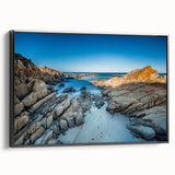 Black and white framed canvas depicting a vintage Tasmanian landscape, ideal for bedroom wall art.