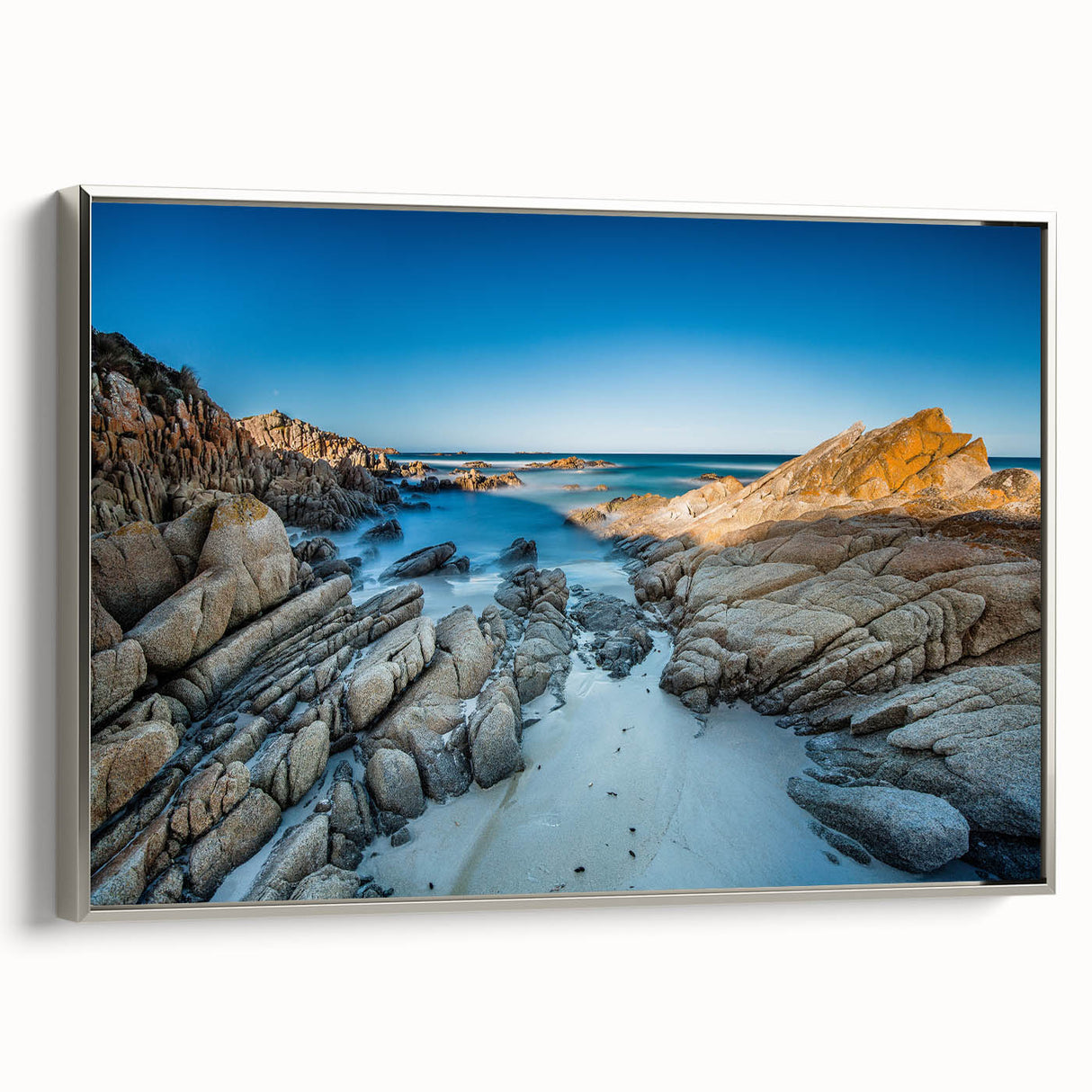 Framed canvas landscape art painting of Tasmania scenery in muted earth tones, ideal for living room decor.