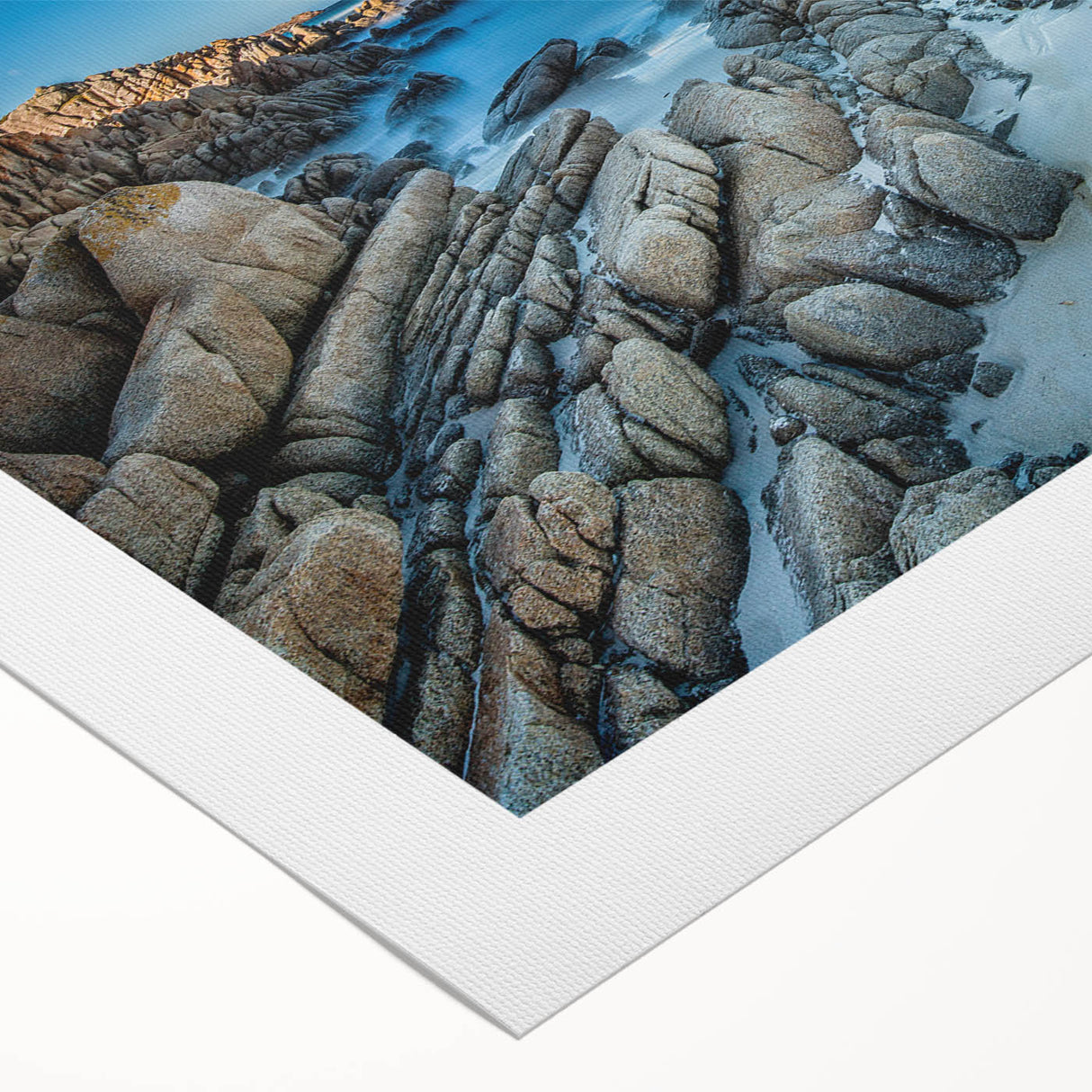 Art deco poster featuring a serene Tasmania landscape in soft pastel shades, printed on rolled canvas.