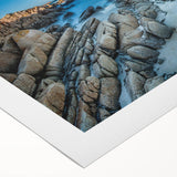 Art deco poster featuring a serene Tasmania landscape in soft pastel shades, printed on rolled canvas.