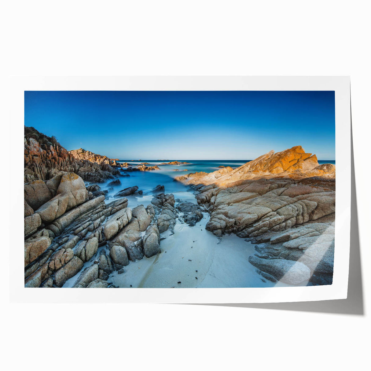 Extra large rolled print of Tasmania scenery with muted green and blue tones, ideal for art wall dining room.