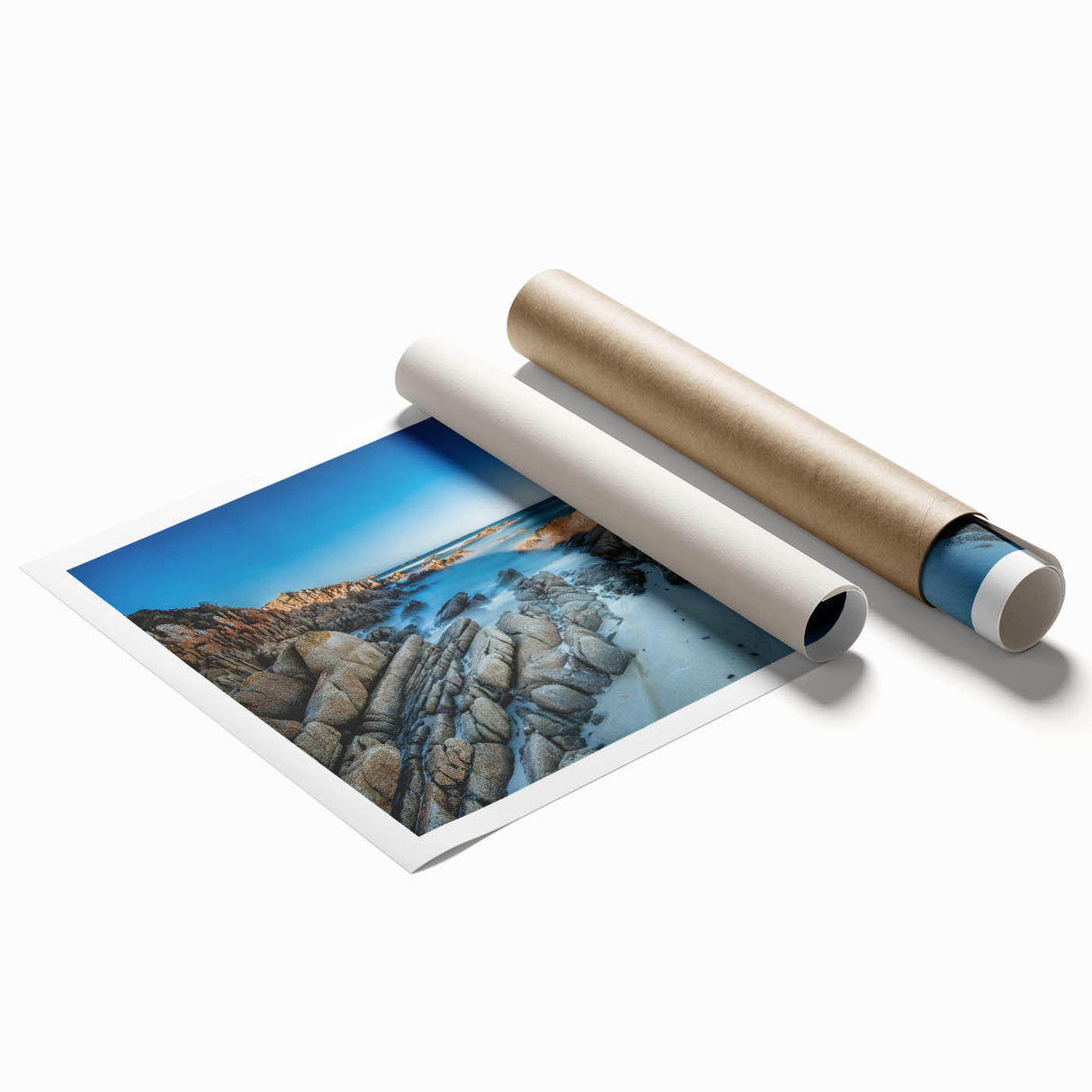 Extra large rolled print of a Tasmanian landscape with vibrant green and blue tones, ideal for classy bathroom wall art.