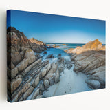 Large stretched canvas of a serene Tasmania landscape in muted green and blue tones, ideal for kitchen wall art.