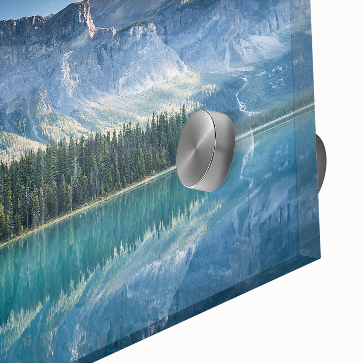 Large abstract wall art of British Columbia scenery on acrylic glass, using mid-century modernist style.