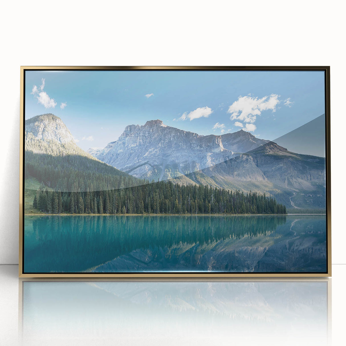 Mid-century modernist style large art print of British Columbia scenery, in muted earth tones on framed acrylic.