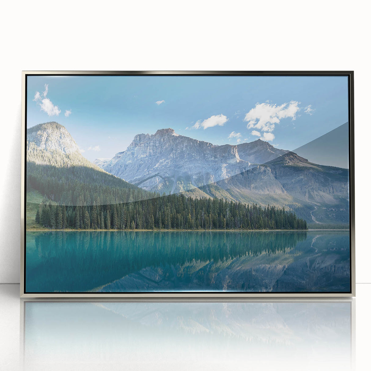 Mid-century modernist art of British Columbia scenery in silver-framed acrylic, suited for nursery wall art.