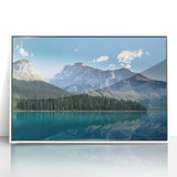 Art deco poster of British Columbia scenery in muted green and blue tones, framed acrylic.