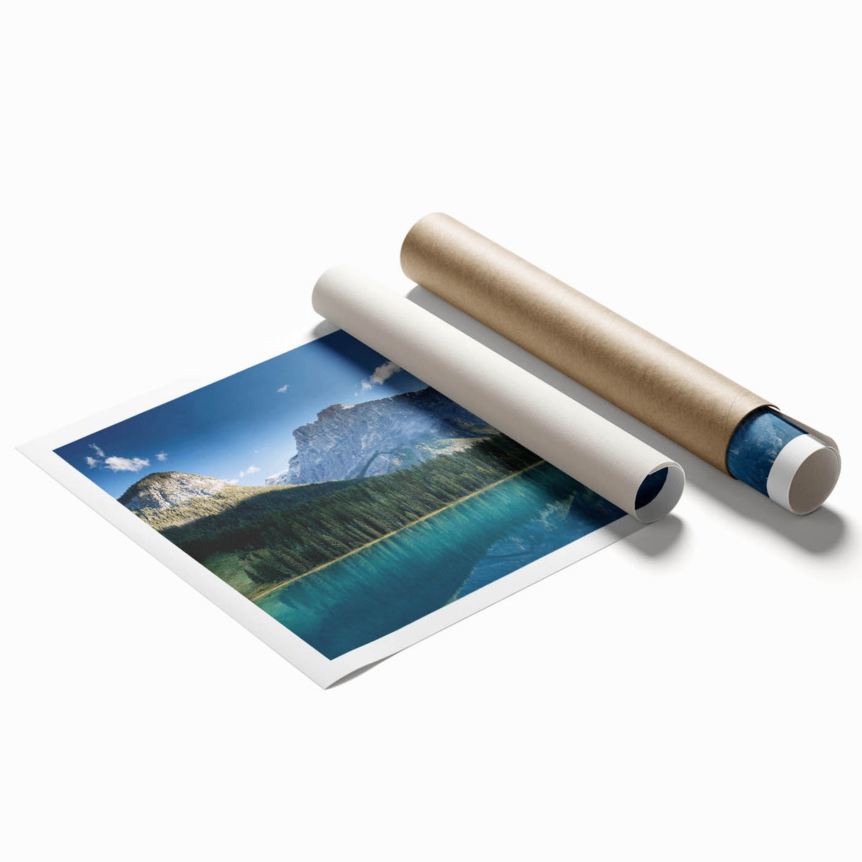 Extra large rolled print of British Columbia scenery with floral elements in soft green and blue tones.