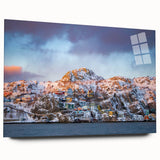 Large abstract wall art depicting a Newfoundland scenery in muted blue and green tones on acrylic glass.