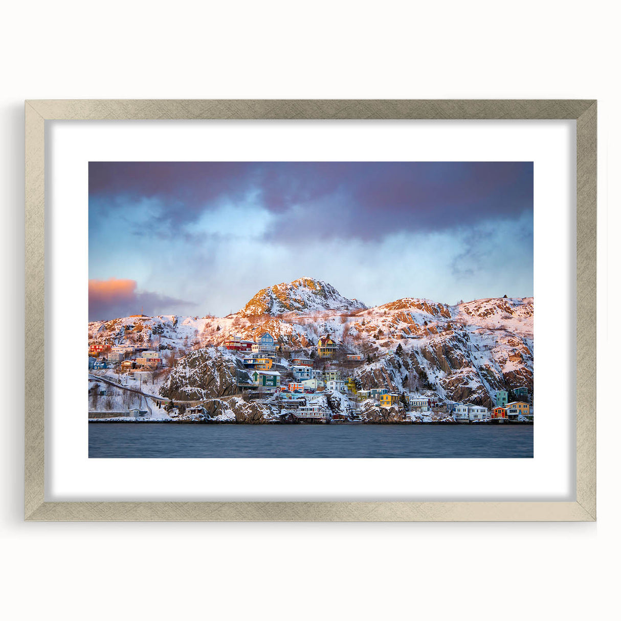Textured abstract art print of Newfoundland scenery in muted earth tones, silver-framed with mat, ideal for bedroom art.