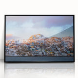 Large abstract wall art depicting a Newfoundland scenery in muted earth tones, framed in black acrylic.